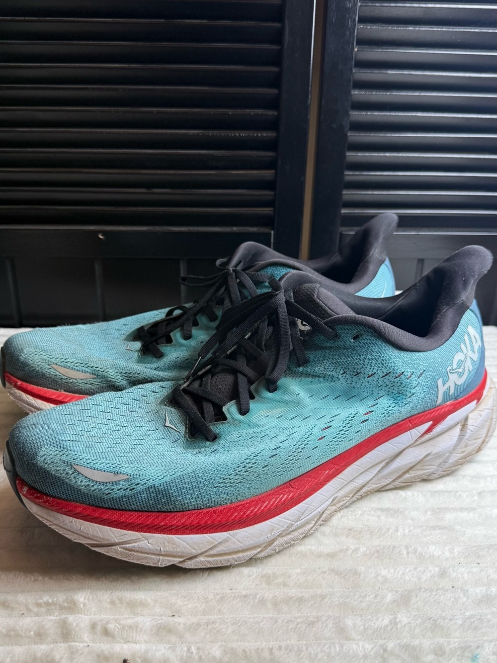 Hoka Teal and Red Running Shoes with Black Trim